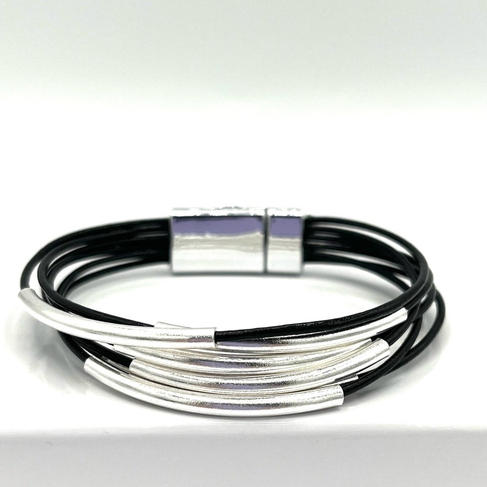 HAND CRAFTED Unisex Black Leather Cord Bracelet with Silver Tubes